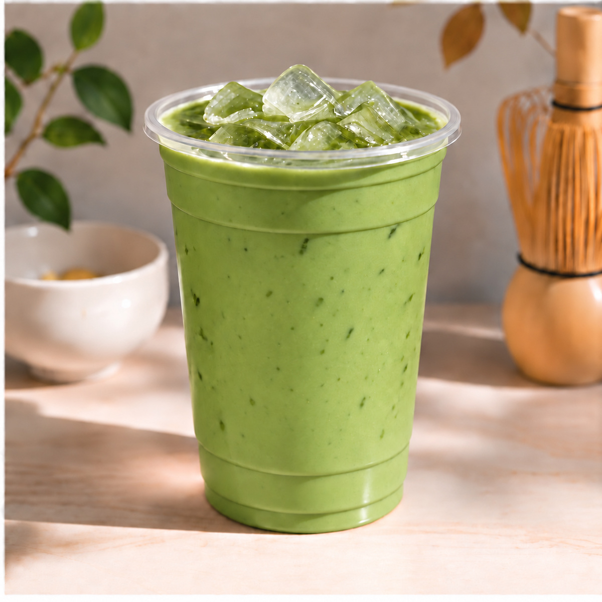 Premium green iced matcha latte in a clear cup